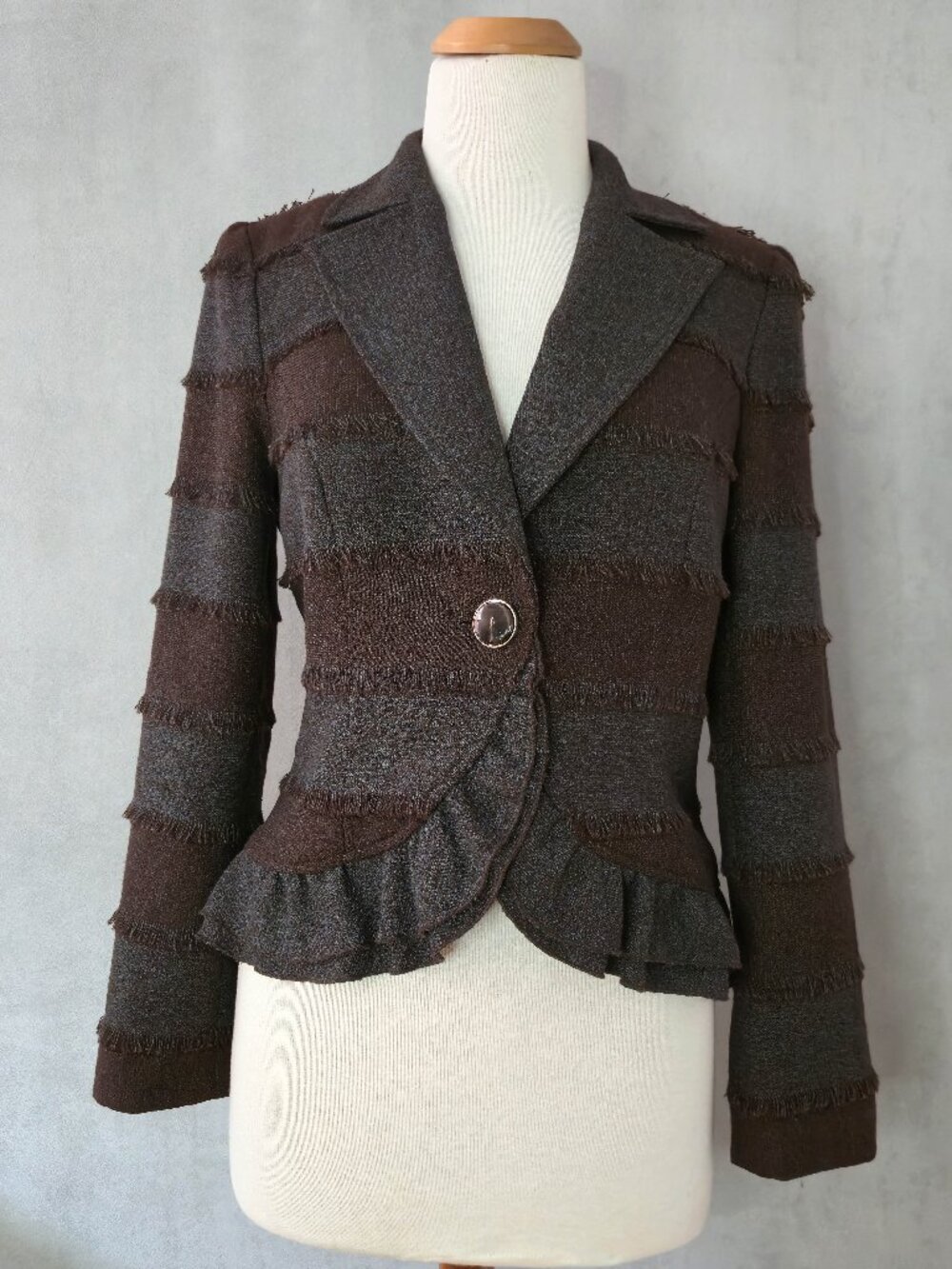 NueVa Ruffled Mixed-Media Blazer | Fringe Detail | Single Button | Size 8